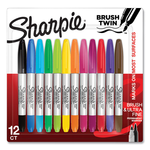 Sharpie® Brush Tip Permanent Marker, Twin Tip, Ultra-Fine Needle/Broad Brush Tips, Assorted Colors, 12/Pack (SAN2168237)
