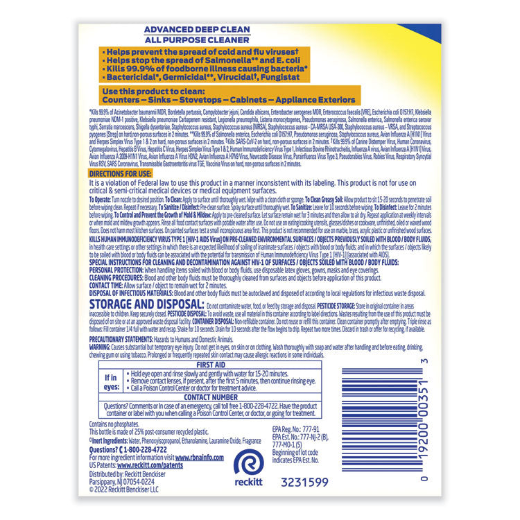 Professional LYSOL® Brand Advanced Deep Clean All Purpose Cleaner, Lemon Breeze, 32 oz Trigger Spray Bottle (RAC00351EA)