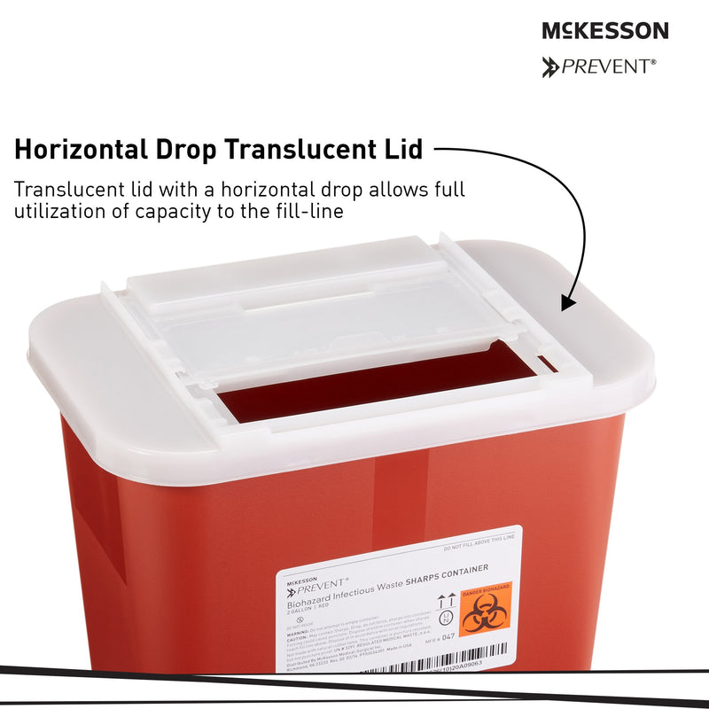 McKesson Prevent® Sharps Container Red Base 10-1/4 H X 7 W X 10-1/2 D Inch Horizontal Entry 2 Gallon (855063_EA) 1/EA