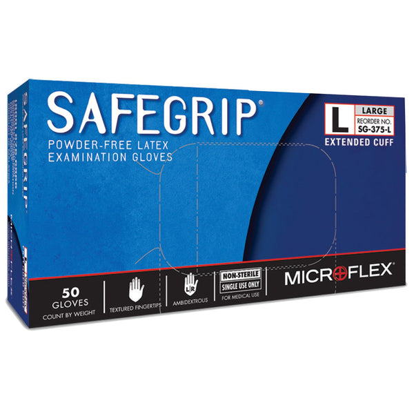 SafeGrip® Exam Glove Large NonSterile Latex Extended Cuff Length Textured Fingertips Blue Chemo Tested (306871_BX) 50/BX