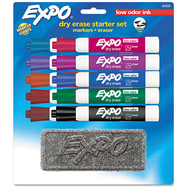 EXPO® Low-Odor, Dry Erase 10-Color Marker and Eraser Set, Broad Chisel Tip, Assorted Colors, 10/Set (SAN80835)
