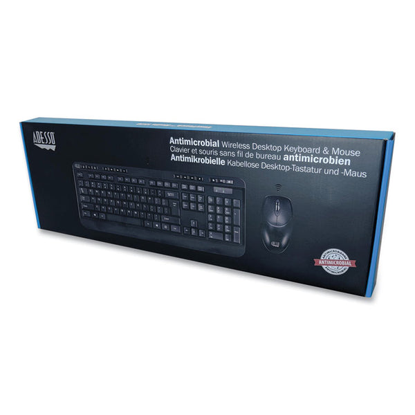 Adesso WKB-1320CB Antimicrobial Wireless Desktop Keyboard and Mouse, 2.4 GHz Frequency/30 ft Wireless Range, Black (ADEWKB1320CB) Each
