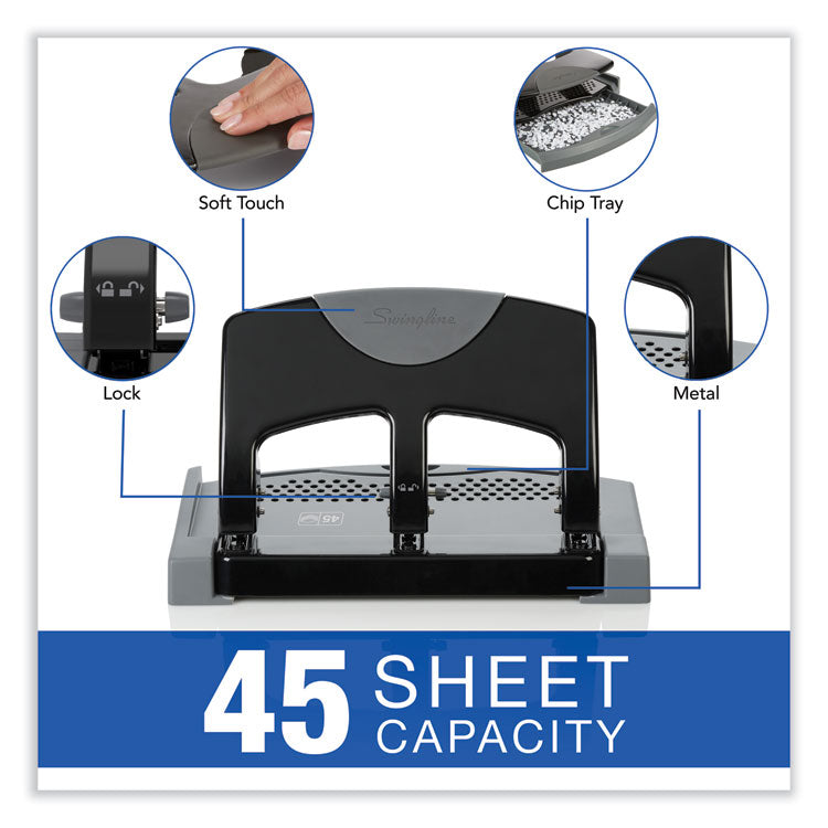 Swingline® 45-Sheet SmartTouch Three-Hole Punch, 9/32" Holes, Black/Gray (SWI74136)