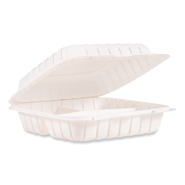 Dart® ProPlanet Hinged Lid Containers, 3-Compartment, 9 x 8.75 x 3, White, Plastic, 150/Carton (DCC90MFPPHT3R)