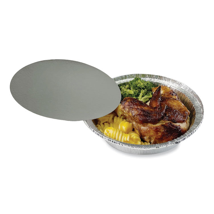 Boardwalk® Round Aluminum To-Go Containers with Lid, 24 oz, 7" Diameter x 1.47"h, Silver 200/Carton (BWKROUND7COMBO) Case of 200