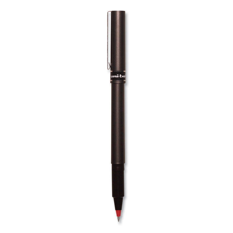 uniball&trade; Deluxe Stick Roller Ball Pen, Micro 0.5mm, Red Ink, Metallic Gray Barrel, Dozen (UBC60026) 1 Dozen