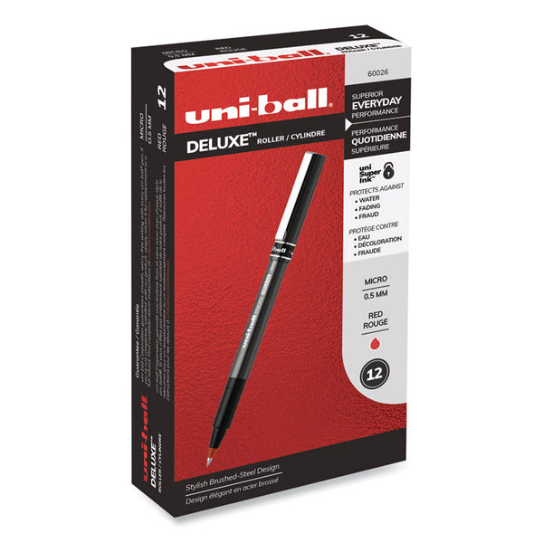 uniball&trade; Deluxe Stick Roller Ball Pen, Micro 0.5mm, Red Ink, Metallic Gray Barrel, Dozen (UBC60026) 1 Dozen