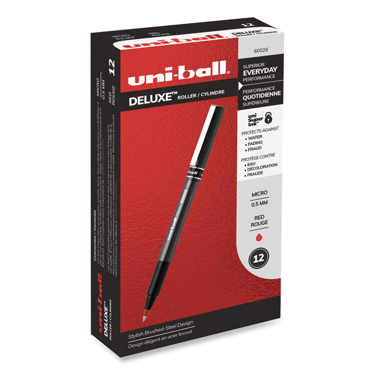 uniball&trade; Deluxe Stick Roller Ball Pen, Micro 0.5mm, Red Ink, Metallic Gray Barrel, Dozen (UBC60026) 1 Dozen