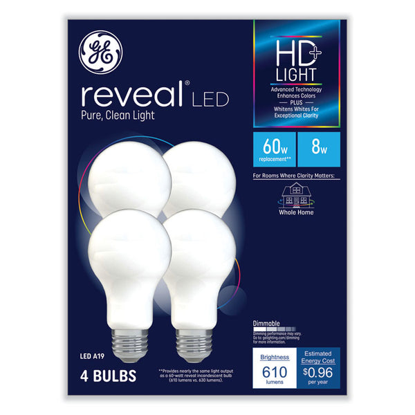 GE Reveal HD+ LED A19 Light Bulb, 8 W, 4/Pack (GEL93129439)