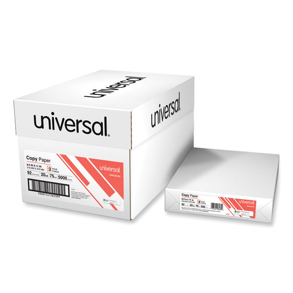 Universal® Copy Paper, 92 Bright, 3-Hole, 20 lb Bond Weight, 8.5 x 11, White, 500 Sheets/Ream, 10 Reams/Carton (UNV28230)