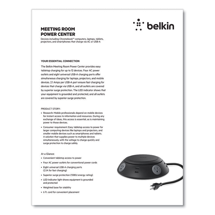 Belkin® Meeting Room Power Center, 4 AC Outlets/8 USB Ports, 6 ft Cord, 1,080 J, Black (BLKB2E031TT06)