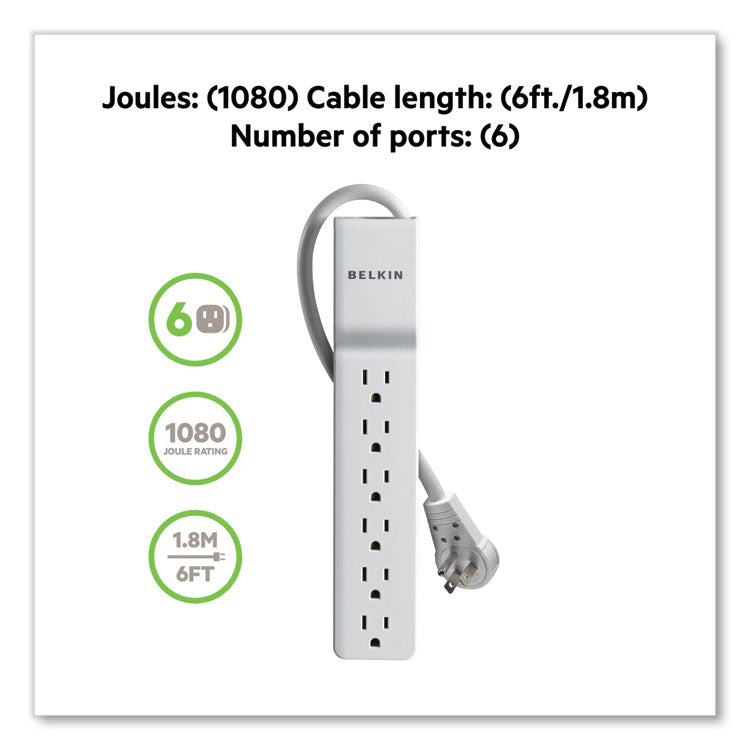 Belkin® Home/Office Surge Protector with Rotating Plug, 6 AC Outlets, 6 ft Cord, 720 J, White (BLKBE10600006R)