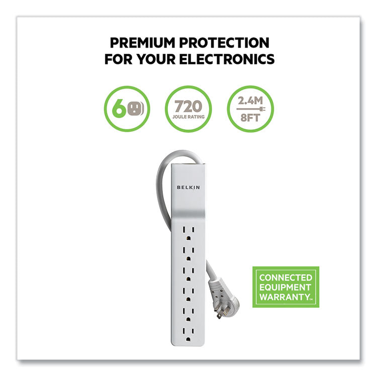 Belkin® Home/Office Surge Protector with Rotating Plug, 6 AC Outlets, 8 ft Cord, 720 J, White (BLKBE10600008R) Each