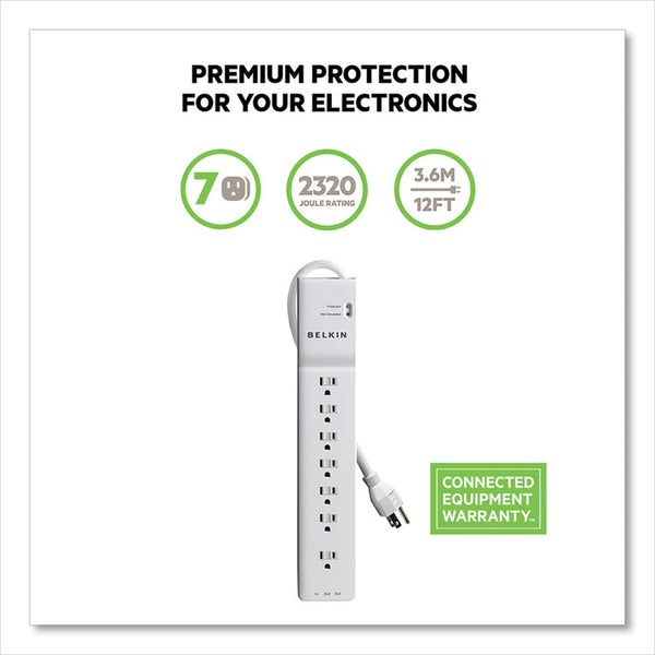 Belkin® Home/Office Surge Protector, 7 AC Outlets, 12 ft Cord, 2,160 J, White (BLKBE10720012)