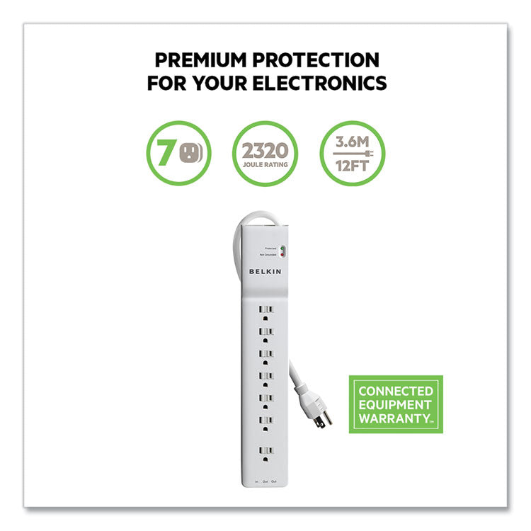 Belkin® Home/Office Surge Protector, 7 AC Outlets, 12 ft Cord, 2,160 J, White (BLKBE10720012)