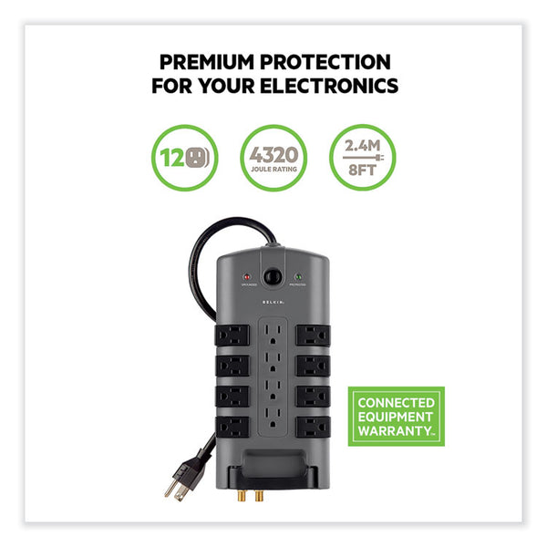 Belkin® Pivot Plug Surge Protector, 12 AC Outlets, 8 ft Cord, 4,320 J, Gray (BLKBP11223008)