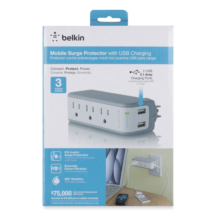 Belkin® SurgePlus USB Swivel Charger, 3 AC Outlets/2 USB Ports, 918 J, White (BLKBST300BG) Each