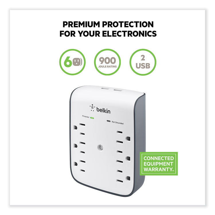 Belkin® SurgePlus USB Wall Mount Charger, 6 AC Outlets/2 USB Ports, 900 J, White/Black (BLKBSV602TT)