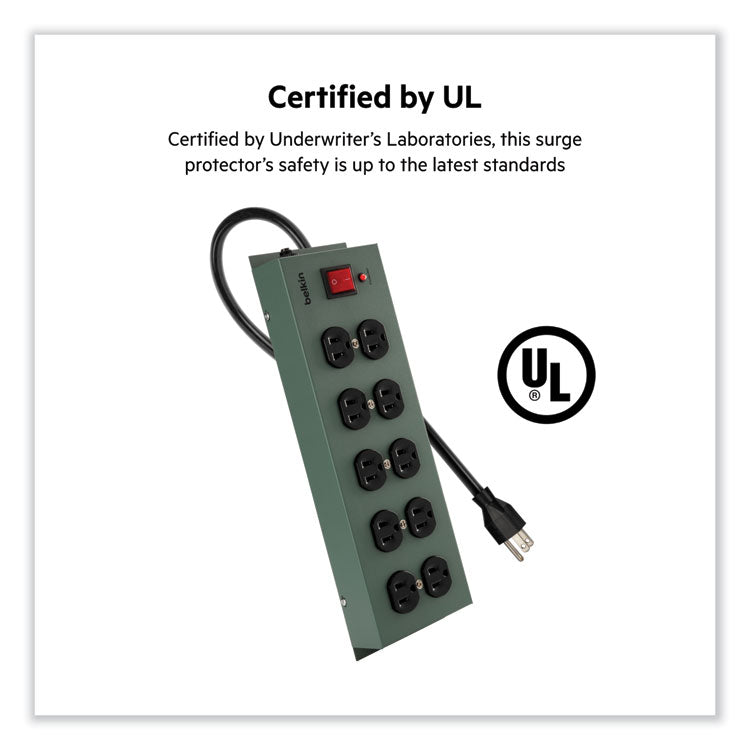 Belkin® Metal SurgeMaster Surge Protector, 10 AC Outlets, 15 ft Cord, 885 J, Dark Gray (BLKF9D100015) Each