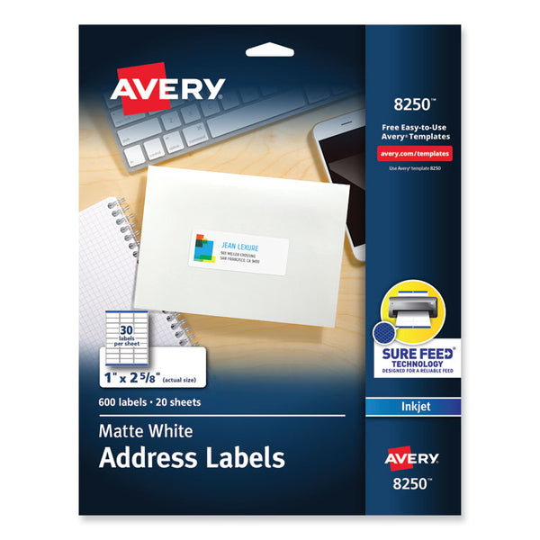 Avery® Vibrant Inkjet Color-Print Labels w/ Sure Feed, 1 x 2.63, Matte White, 600/PK (AVE8250)