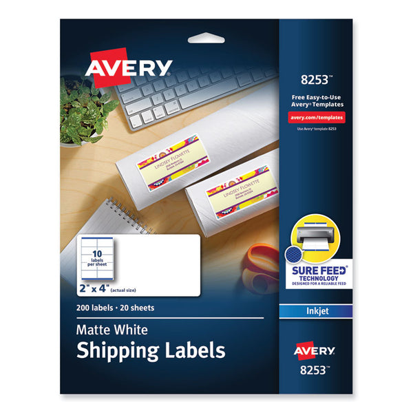Avery® Vibrant Inkjet Color-Print Labels w/ Sure Feed, 2 x 4, Matte White, 200/PK (AVE8253)