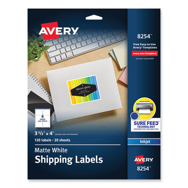 Avery® Vibrant Inkjet Color-Print Labels w/ Sure Feed, 3.33 x 4, Matte White, 120/PK (AVE8254)