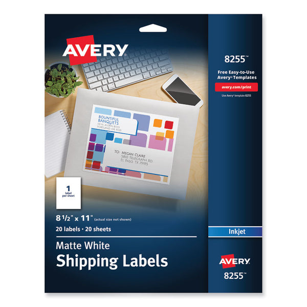 Avery® Full-Sheet Vibrant Inkjet Color-Print Labels, 8.5 x 11, Matte White, 20/Pack (AVE8255)