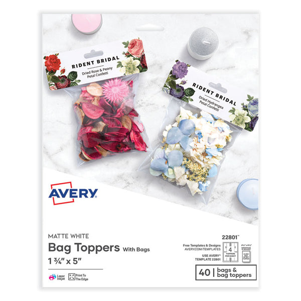 Avery® Sure Feed Printable Toppers with Bags, 1.75 x 5, White, 40/Pack (AVE22801)