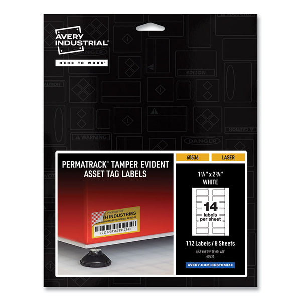 Avery® PermaTrack Tamper-Evident Asset Tag Labels, Laser Printers, 1.25 x 2.75, White, 14/Sheet, 8 Sheets/Pack (AVE60536)