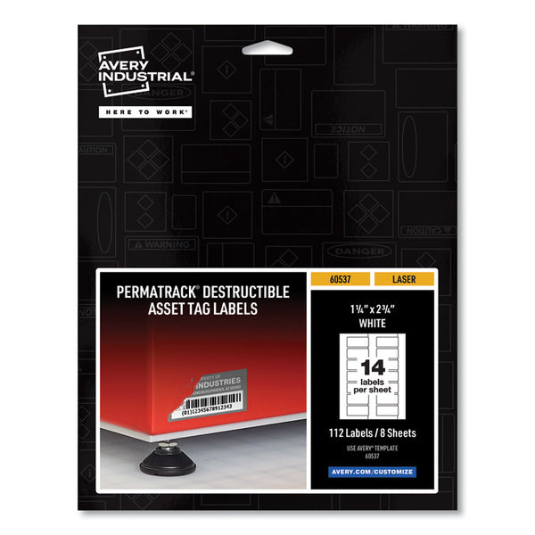 Avery&reg; PermaTrack Destructible Asset Tag Labels, Laser Printers, 1.25 x 2.75, White, 14/Sheet, 8 Sheets/Pack (AVE60537)