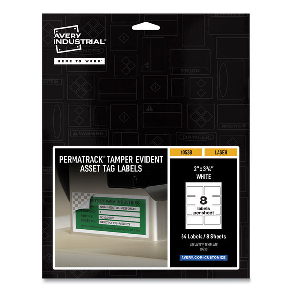 Avery® PermaTrack Tamper-Evident Asset Tag Labels, Laser Printers, 2 x 3.75, White, 8/Sheet, 8 Sheets/Pack (AVE60538)