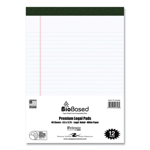 Roaring Spring® USDA Certified Bio-Preferred Legal Pad, Wide/Legal Rule, 40 White 8.5 x 11.75 Sheets, 12/Pack (ROA24326)