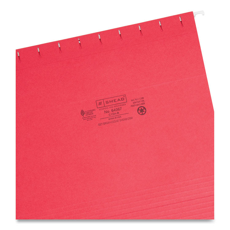 Smead™ Colored Hanging File Folders with 1/5 Cut Tabs, Letter Size, 1/5-Cut Tabs, Red, 25/Box (SMD64067)