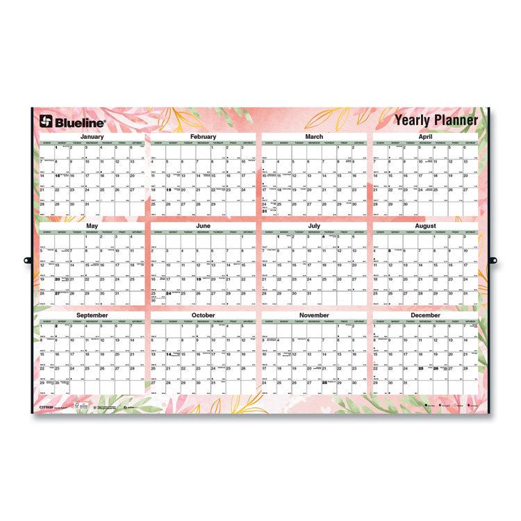 Blueline® Yearly Laminated Wall Calendar, Tropical Watercolor Artwork, 36 x 24, White/Sand/Orange Sheets, 12-Month (Jan-Dec): 2024 (REDC171920)