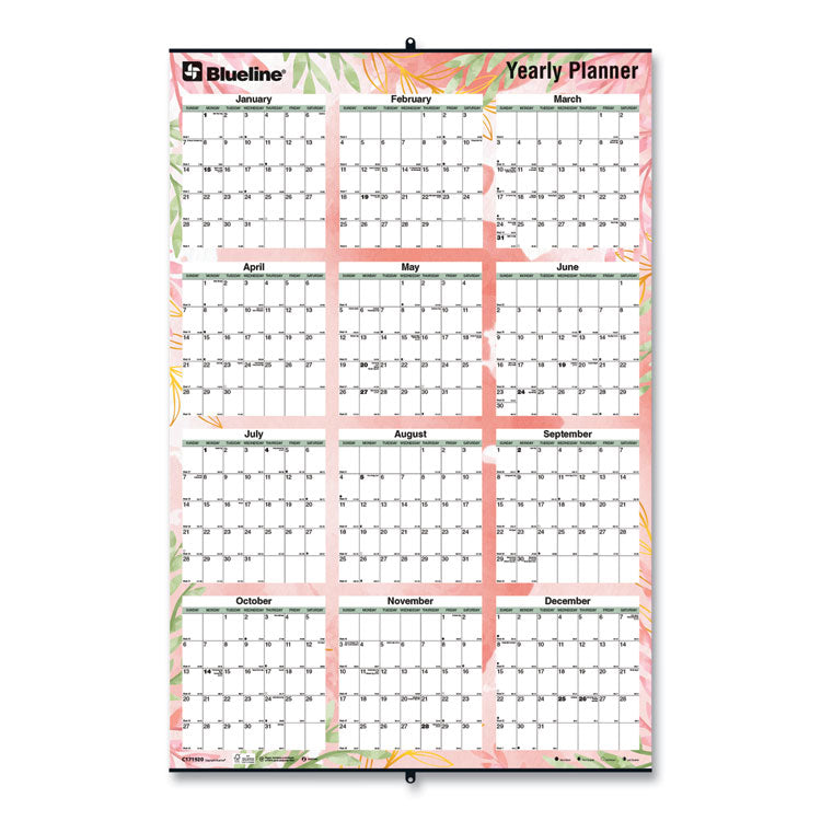 Blueline® Yearly Laminated Wall Calendar, Tropical Watercolor Artwork, 36 x 24, White/Sand/Orange Sheets, 12-Month (Jan-Dec): 2024 (REDC171920)