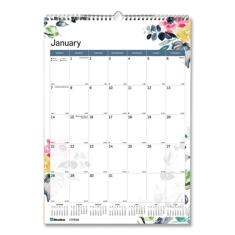 Blueline® 12-Month Colorful Wall Calendar, Watercolor Floral Artwork, 12 x 17, White/Multicolor Sheets, 12-Month (Jan to Dec): 2024 (REDC173126)