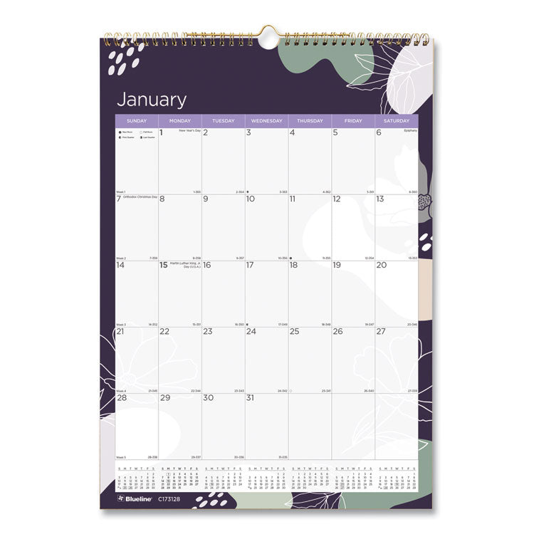 Blueline® 12-Month Colorful Wall Calendar, Abstract Floral Artwork, 12 x 17, White Sheets, 12-Month (Jan to Dec): 2024 (REDC173128)