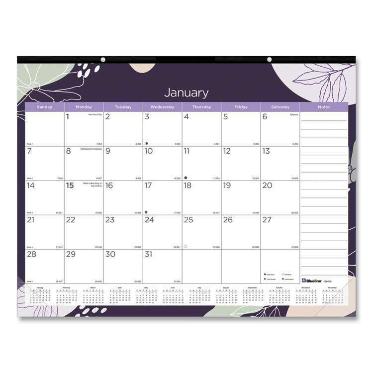 Blueline® Monthly Desk Pad Calendar, Abstract Floral Artwork, 22 x 17, Black Binding, Clear Corners, 12-Month (Jan-Dec): 2024 (REDC194128)