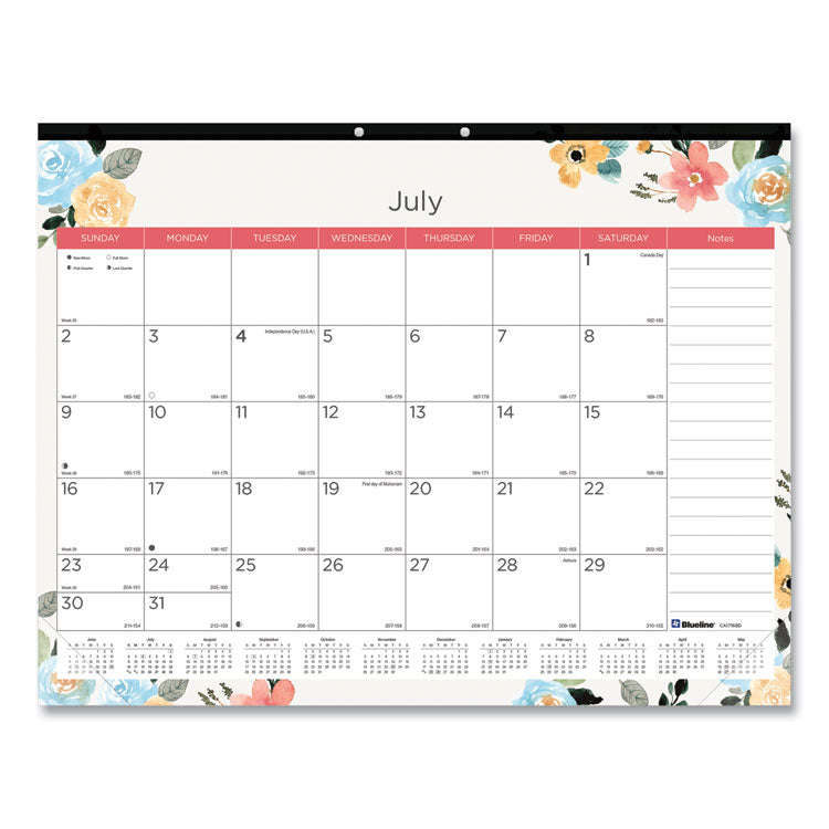 Blueline® Spring Monthly Academic Desk Pad Calendar, Colorful Blossom Artwork, 22 x 17, Black Binding, 18-Month (July-Dec): 2023-2024 (REDCA1716BD)