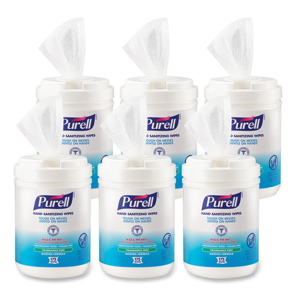 PURELL® Hand Sanitizing Wipes Alcohol Formula, 6 x 7, Unscented, White, 175/Canister, 6 Canisters/Carton (GOJ903106)