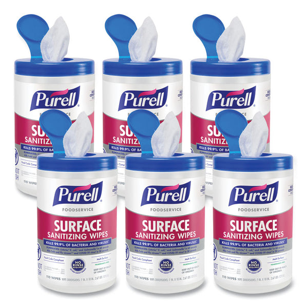 PURELL® Foodservice Surface Sanitizing Wipes, 1-Ply, 10 x 7, Fragrance-Free, White, 110/Canister, 6 Canisters/Carton (GOJ934106CT)