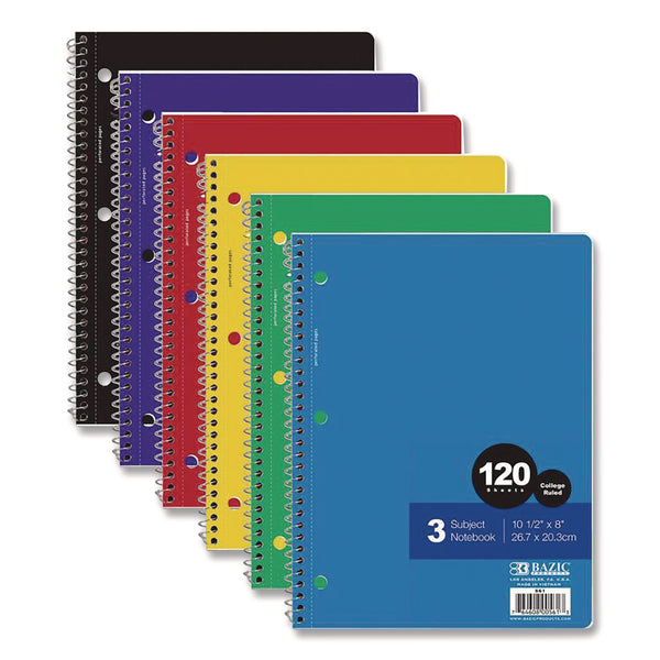 BAZIC® Products Spiral Notebooks, 3 Subjects, Medium/College Rule, Randomly Assorted Cover Colors, (120) 10.5 x 8 Sheets (BAZ561) Each