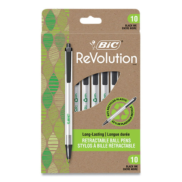 BIC® Ecolutions Clic Stic Ballpoint Pen, Retractable, Medium 1 mm, Black Ink, Translucent Frost/Black Barrel, 10/Pack (BICCSEM10BLK)