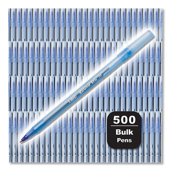 BIC® Round Stic Xtra Life Ballpoint Pen, Stick, Medium 1 mm, Blue Ink, Translucent Blue Barrel, 500/Pack (BICGSM500EBLU)