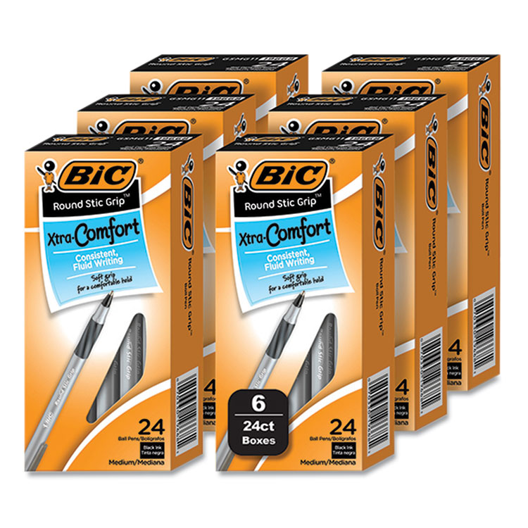 BIC® Round Stic Grip Xtra Comfort Ballpoint Pen, Medium 1 mm, Black Ink, Gray/Black, 24/Box, 6 Boxes/Pack (BICGSMG144EBLK)