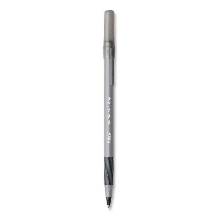 BIC® Round Stic Grip Xtra Comfort Ballpoint Pen, Medium 1 mm, Black Ink, Gray/Black, 24/Box, 6 Boxes/Pack (BICGSMG144EBLK)