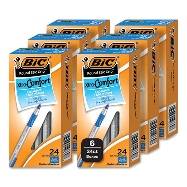 BIC® Round Stic Grip Xtra Comfort Ballpoint Pen, Medium 1 mm, Blue Ink, Gray/Blue Barrel, 24/Box, 6 Boxes/Pack (BICGSMG144EBLU)
