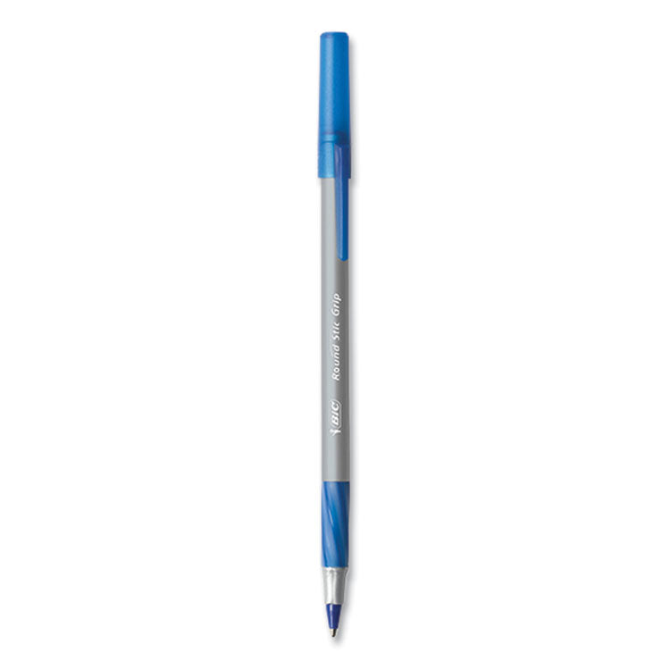 BIC® Round Stic Grip Xtra Comfort Ballpoint Pen, Medium 1 mm, Blue Ink, Gray/Blue Barrel, 24/Box, 6 Boxes/Pack (BICGSMG144EBLU)