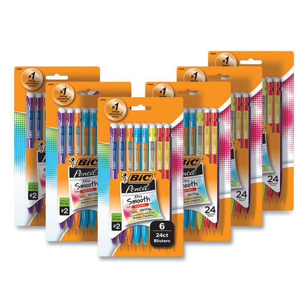 BIC® Xtra-Smooth Bright Edition Mechanical Pencils, 0.7 mm, HB (#2), Black Lead, Assorted Barrel Colors, 24/Pack, 6 Packs/Carton (BICMPCE144EBLK)