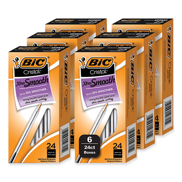 BIC® Cristal Xtra Smooth Ballpoint Pen, Stick, Medium 1 mm, Black Ink, Clear Barrel, 24/Box, 6 Boxes/Pack (BICMS144EBLK)